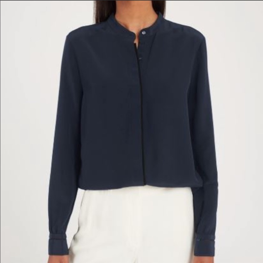 Cuyana Navy Silk Band Collar blouse - never worn